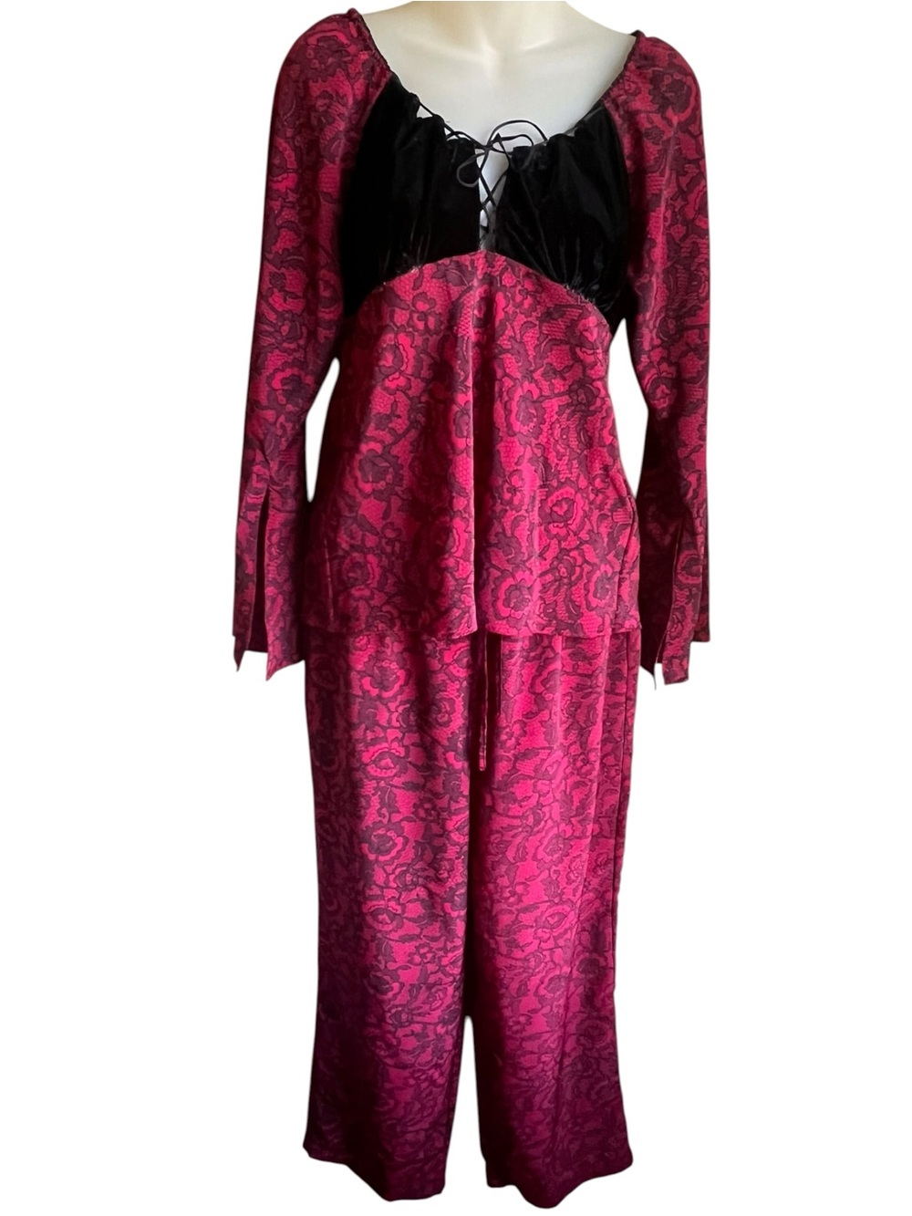 VTG Y2K Mercer & Madison Womens L Lounge Set Pink Black Velvet Floral Whimsigoth